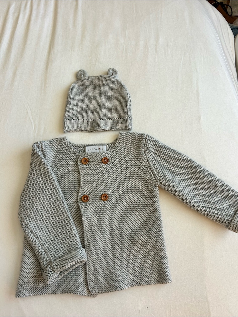 Jake And Jill | NWOT | Gray Knit with Bear-Ear Beanie | 6-12 Mo | 100% Cotton